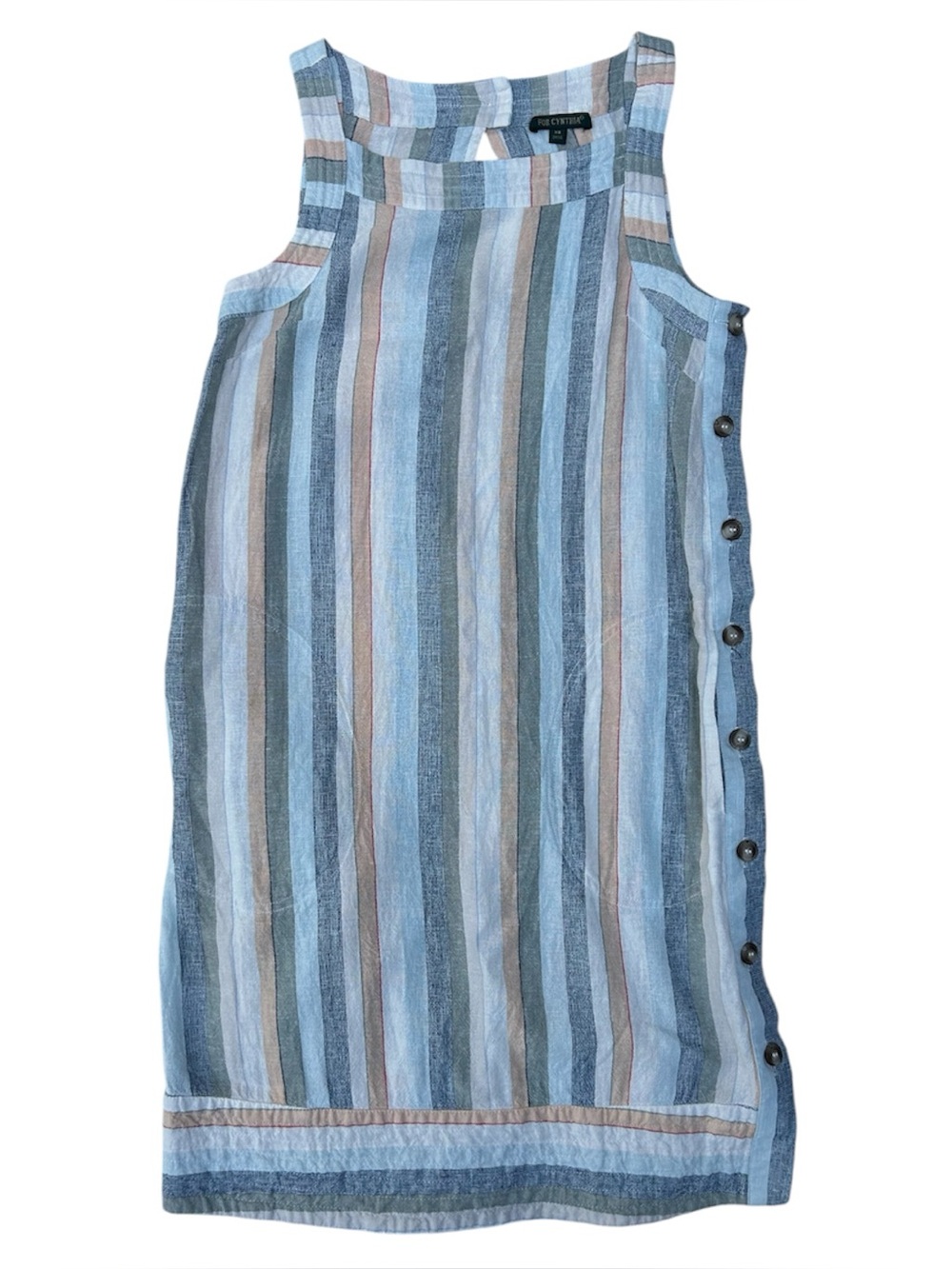 Linen Sleeveless Dress Beachy Relax Fit Stripe Button-Trim Pockets Sundress XS